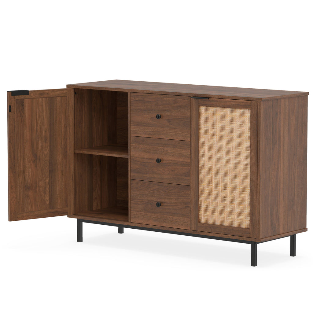 Rustic Farmhouse Buffet Cabinet with Rattan Doors & 3 Drawers - Brown