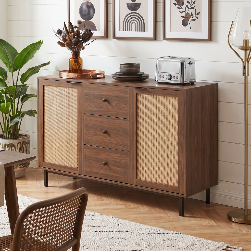 Rustic Farmhouse Buffet Cabinet with Rattan Doors & 3 Drawers - Brown