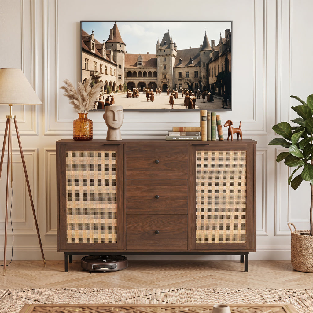 Rustic Farmhouse Buffet Cabinet with Rattan Doors & 3 Drawers - Brown