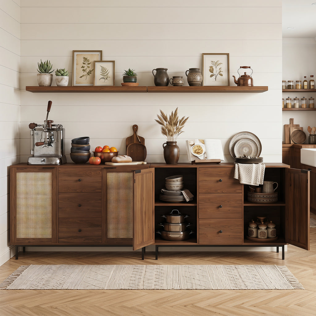 Rustic Farmhouse Buffet Cabinet with Rattan Doors & 3 Drawers - Brown