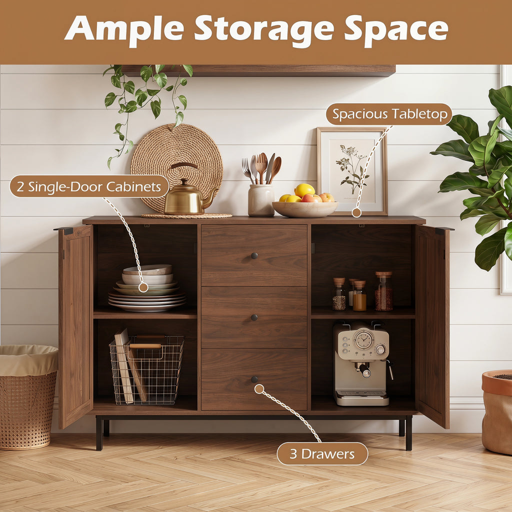 Rustic Farmhouse Sideboard Buffet Cabinet with Rattan Doors - Brown, 3-Drawer