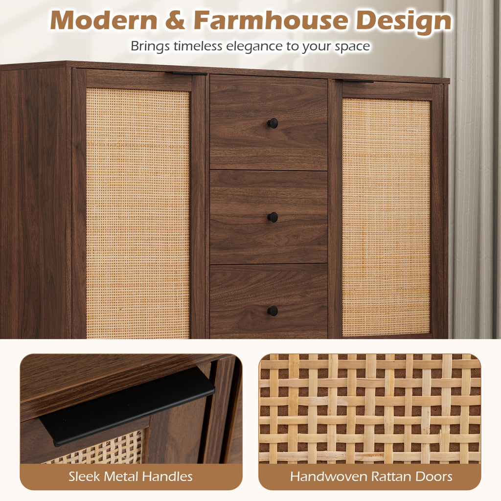 Rustic Farmhouse Buffet Cabinet with Rattan Doors & 3 Drawers - Brown