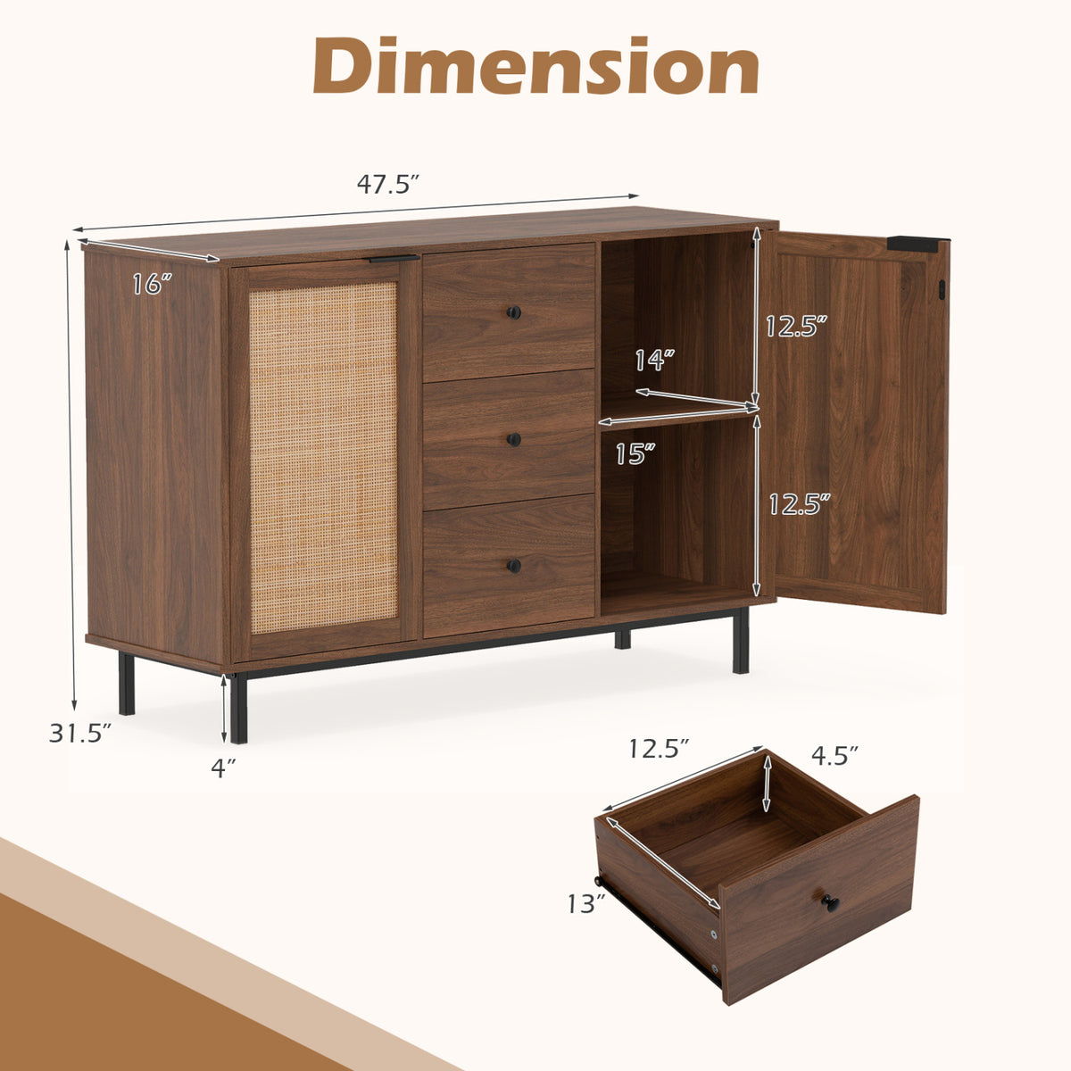 Rustic Farmhouse Buffet Cabinet with Rattan Doors & 3 Drawers - Brown