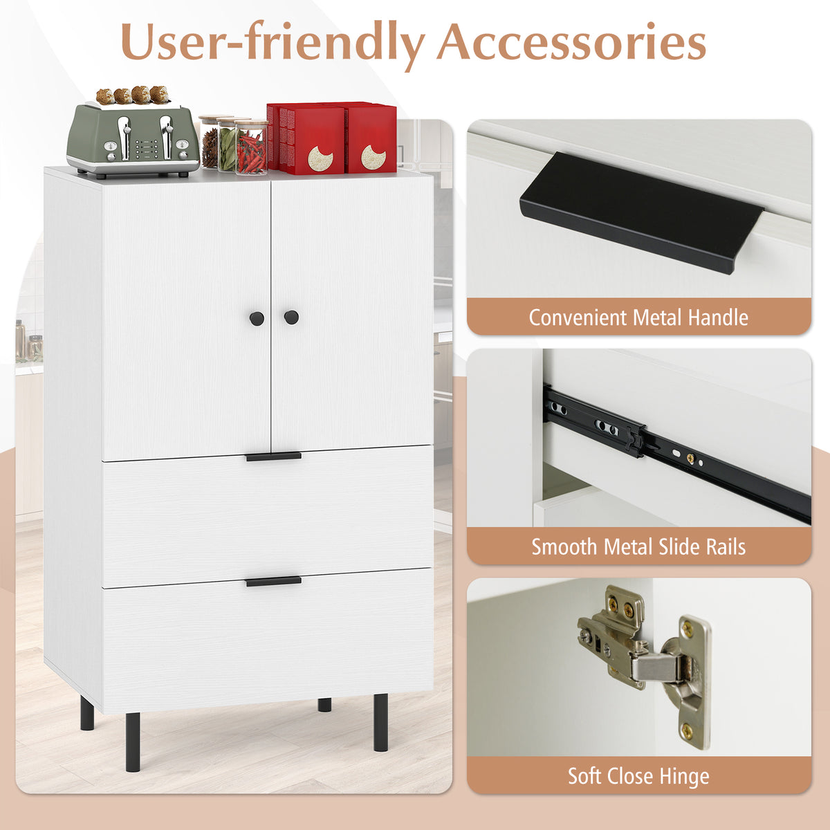 Sideboard Buffet Cabinet 2-Door with Drawers - White