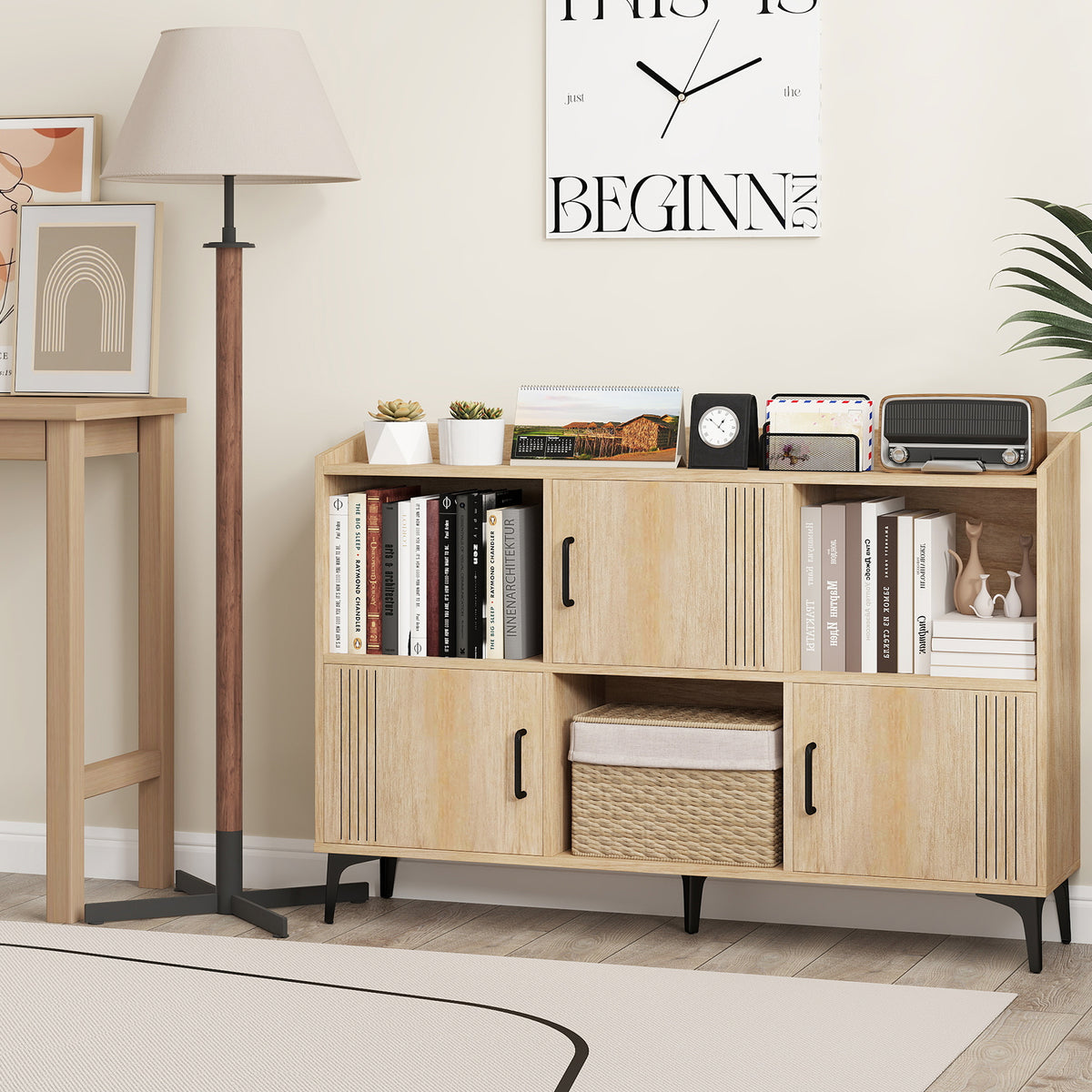 Sideboard Storage Cabinet with 3 Doors and Open Shelves - Oak