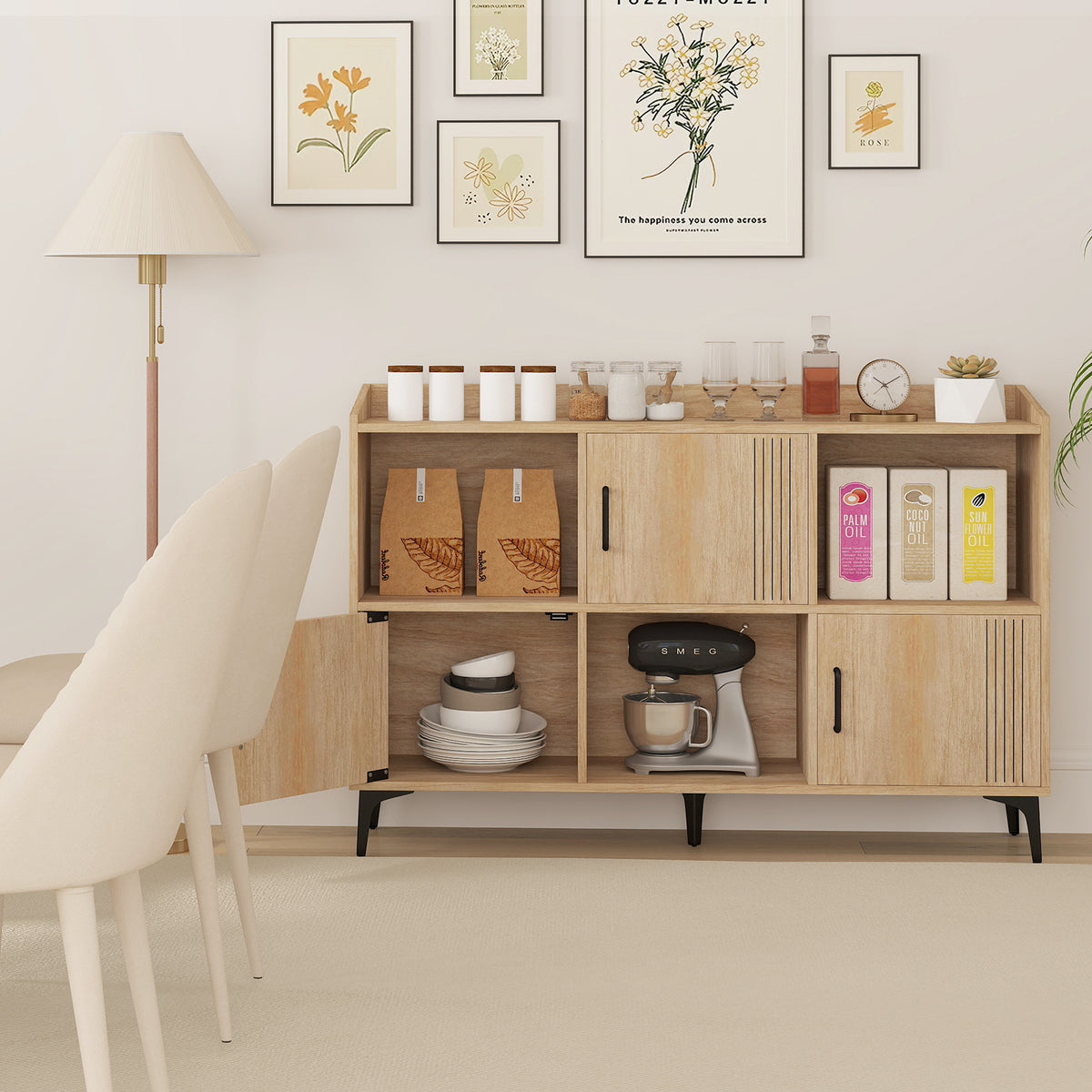 Sideboard Storage Cabinet with 3 Doors and Open Shelves - Oak