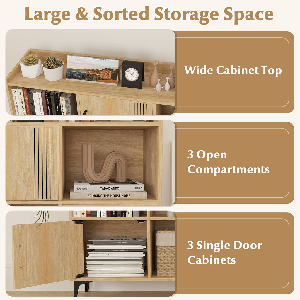 Sideboard Storage Cabinet with 3 Doors and Open Shelves - Oak