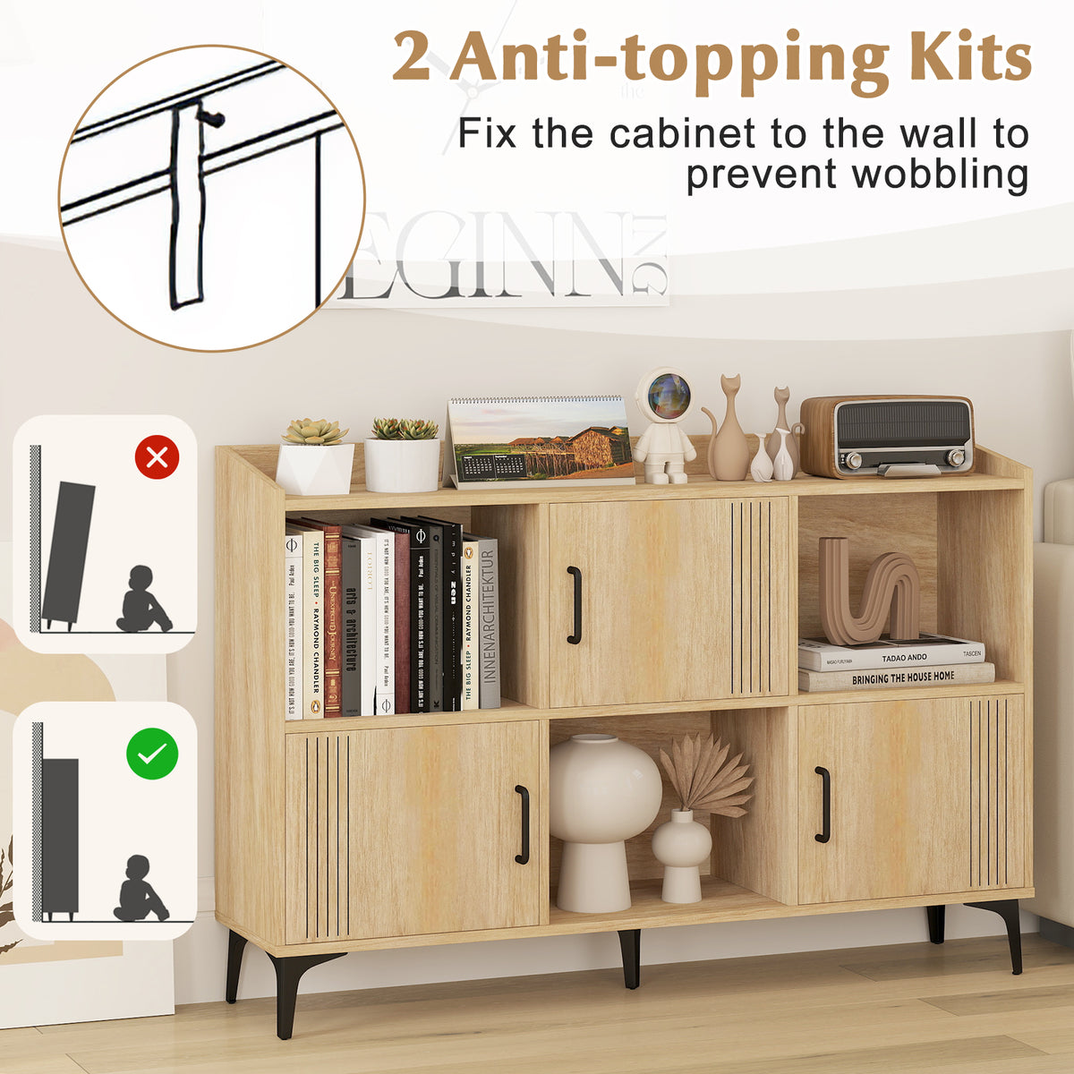 Sideboard Storage Cabinet with 3 Doors and Open Shelves - Oak