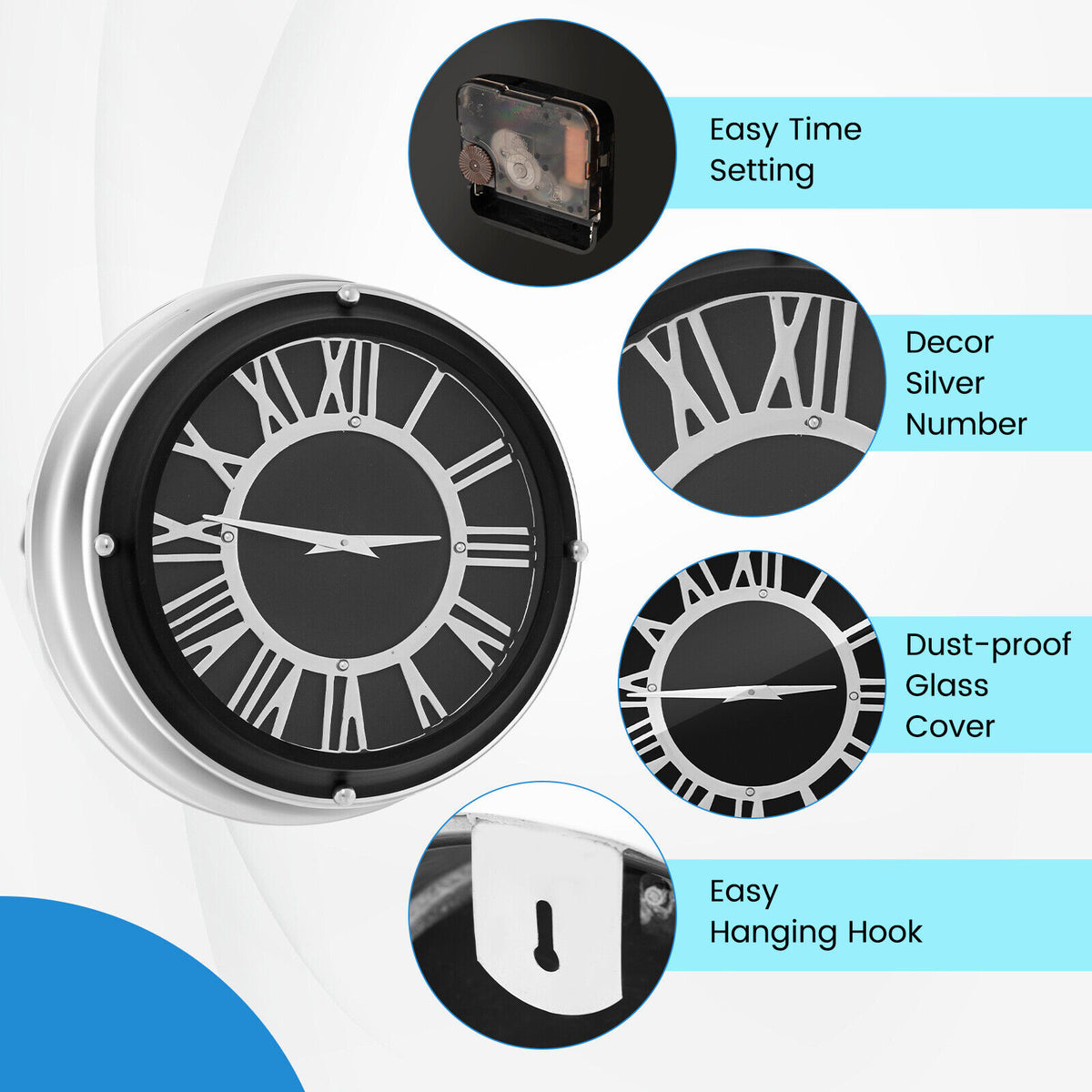 Silent Wall Clock 13.5/17.5 Inch with Silver Frame - Variation S