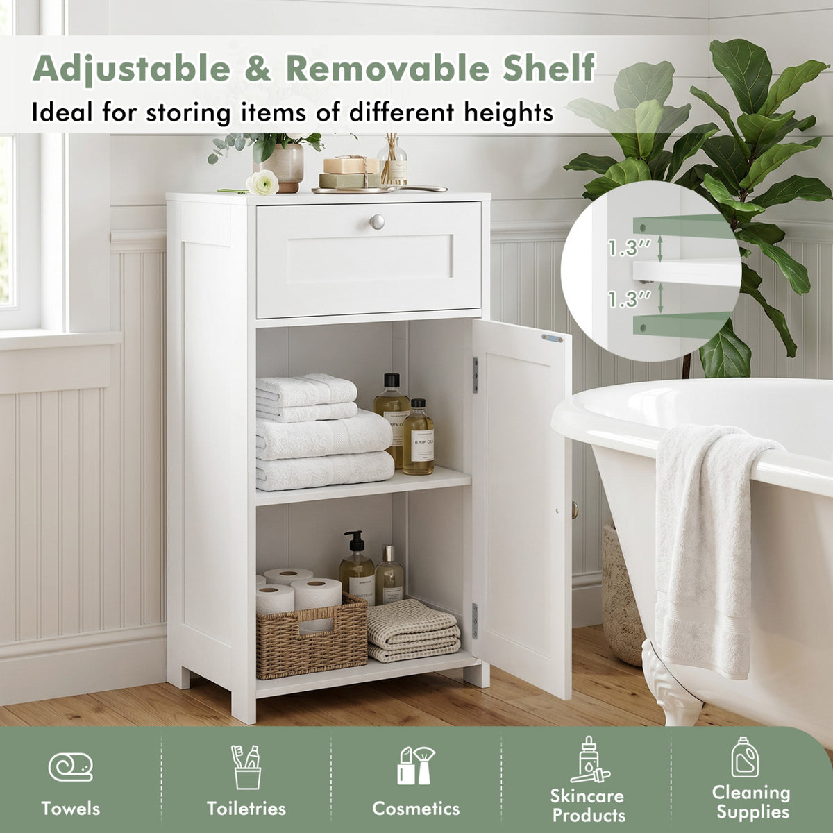 Bathroom Cabinet with Drawer Single Door Adjustable Shelf