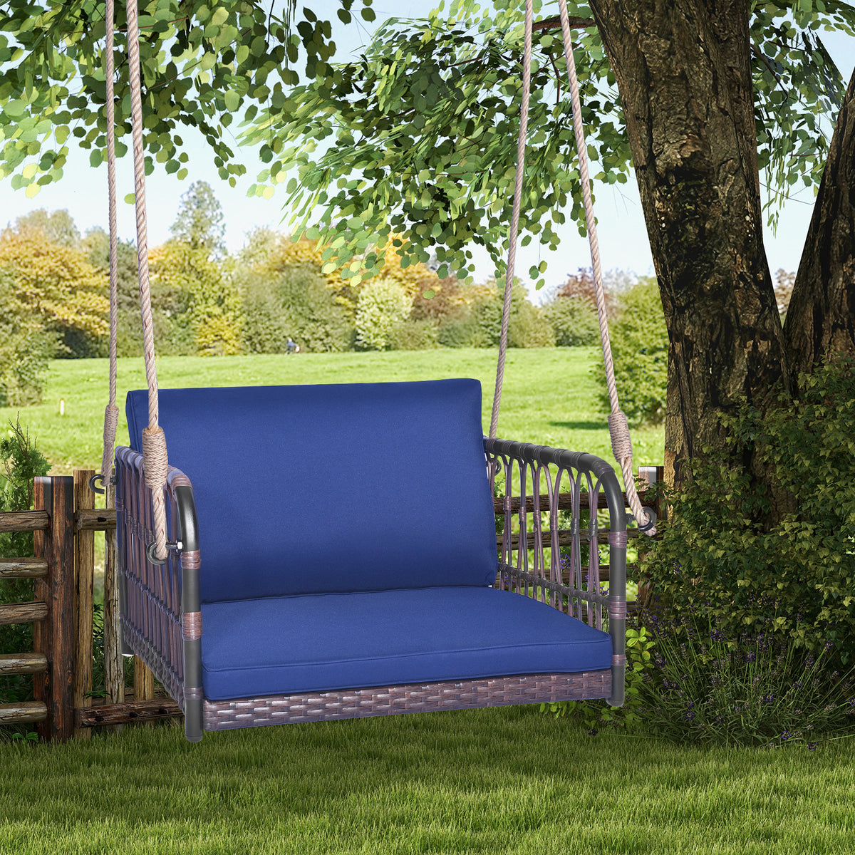 Rattan Hanging Porch Swing Seat with Cushions - Navy