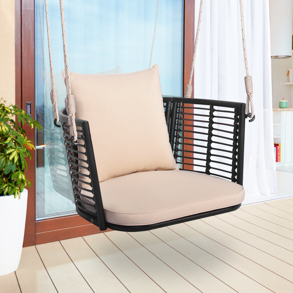 Porch Swing Patio Hanging Rattan Chair with Zippered Cushions and Rope