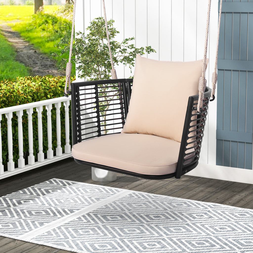 Porch Swing Patio Hanging Rattan Chair with Zippered Cushions and Rope