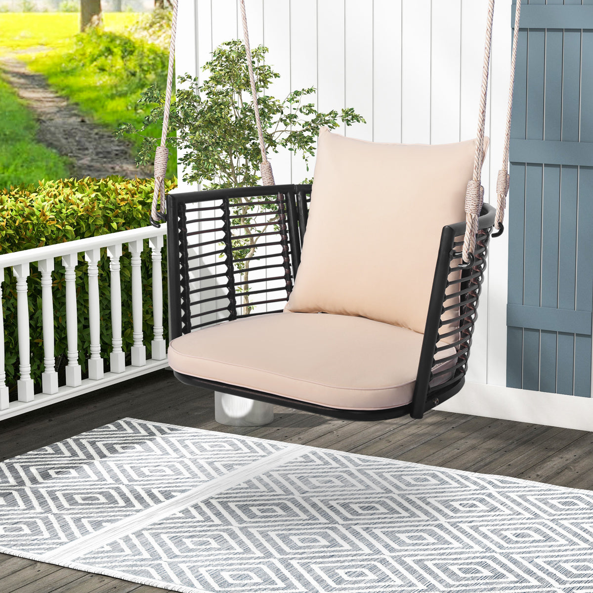Porch Swing Patio Hanging Rattan Chair with Zippered Cushions and Rope