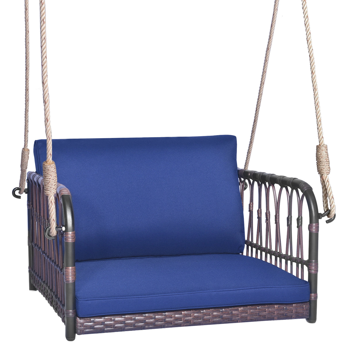 Single Rattan Porch Swing with Armrests Cushion and Hanging Ropes