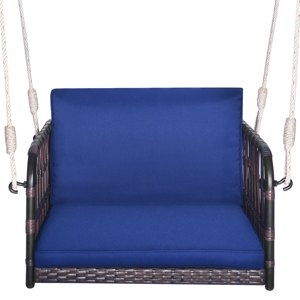 Rattan Hanging Porch Swing Seat with Cushions - Navy