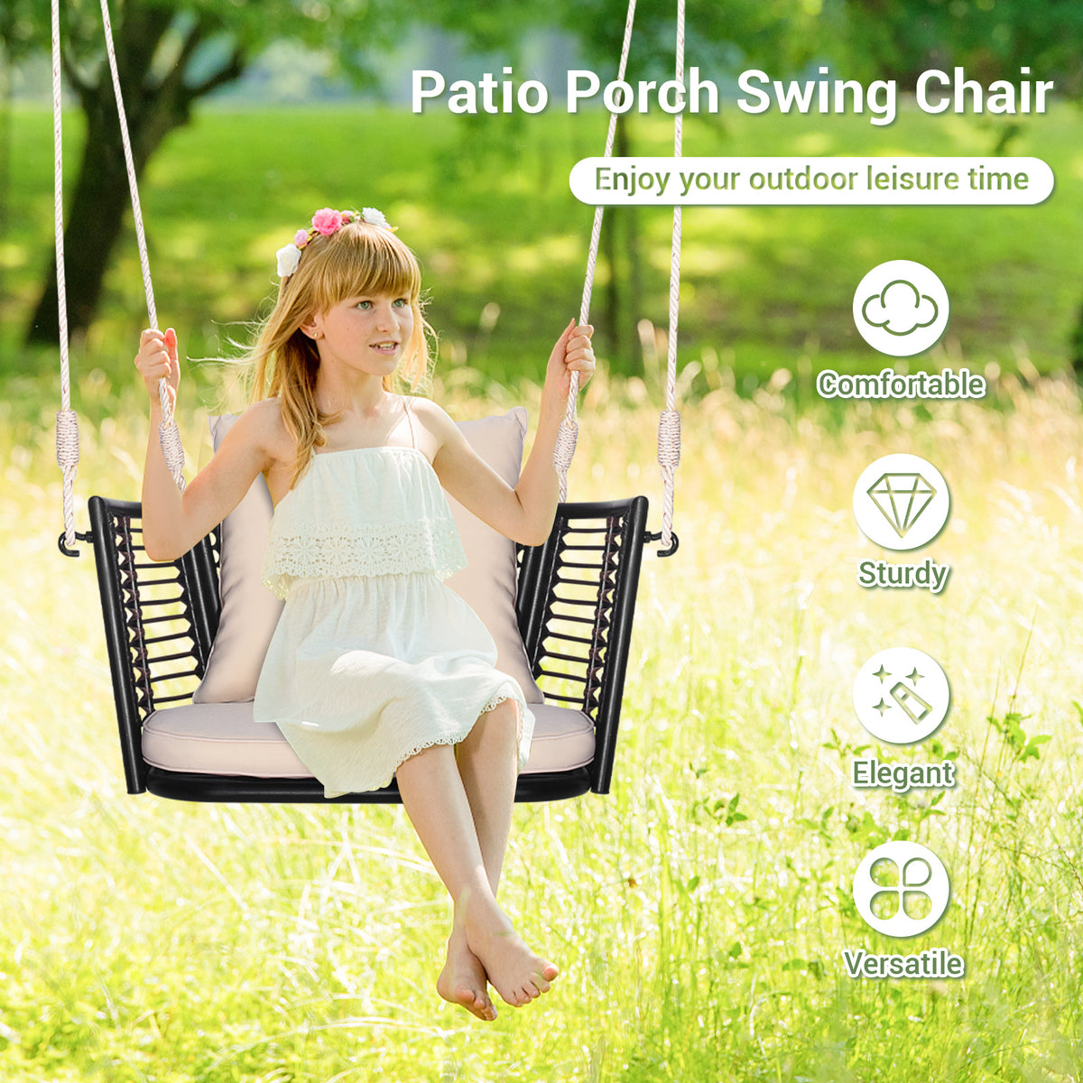 Porch Swing Patio Hanging Rattan Chair with Zippered Cushions and Rope