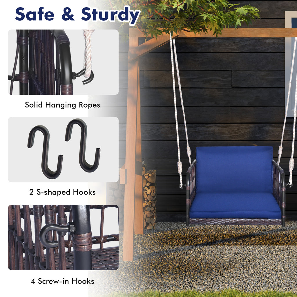 Rattan Hanging Porch Swing Seat with Cushions - Navy