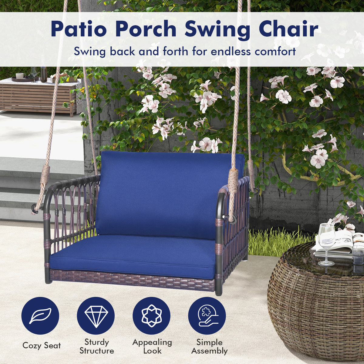 Rattan Hanging Porch Swing Seat with Cushions - Navy