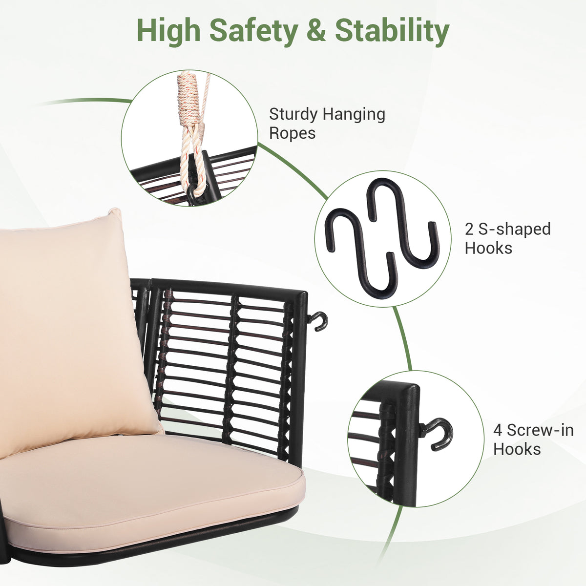 Porch Swing Patio Hanging Rattan Chair with Zippered Cushions and Rope