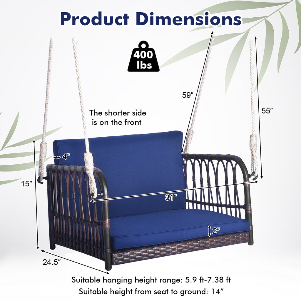 Rattan Hanging Porch Swing Seat with Cushions - Navy