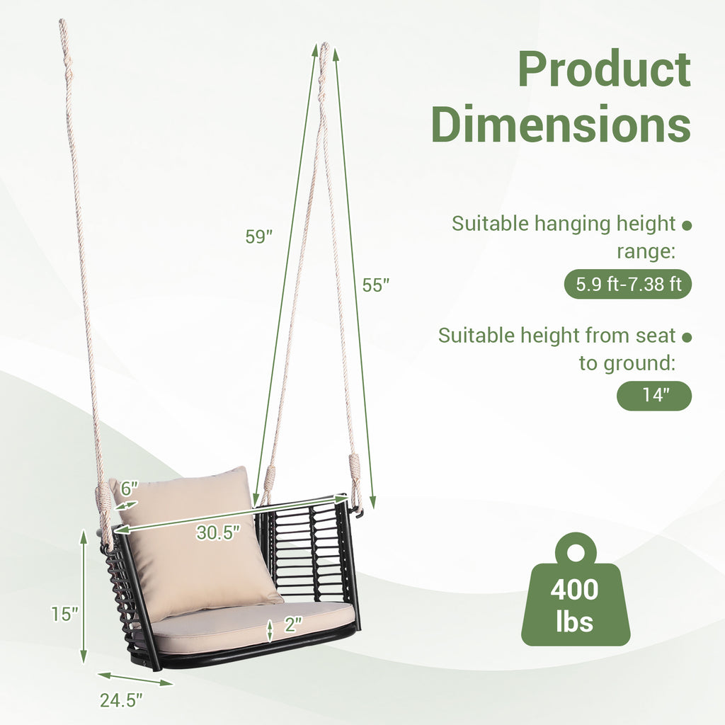 Porch Swing Patio Hanging Rattan Chair with Zippered Cushions and Rope