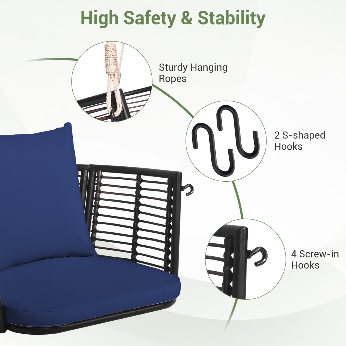 Porch Swing Patio Hanging Rattan Chair with Zippered Cushions and Rope