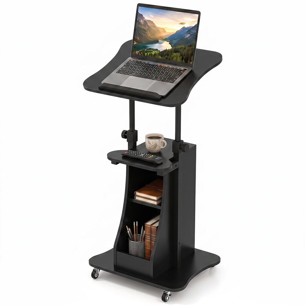 Height Adjustable Mobile Laptop Cart with Tilting Desktop, Black - Open