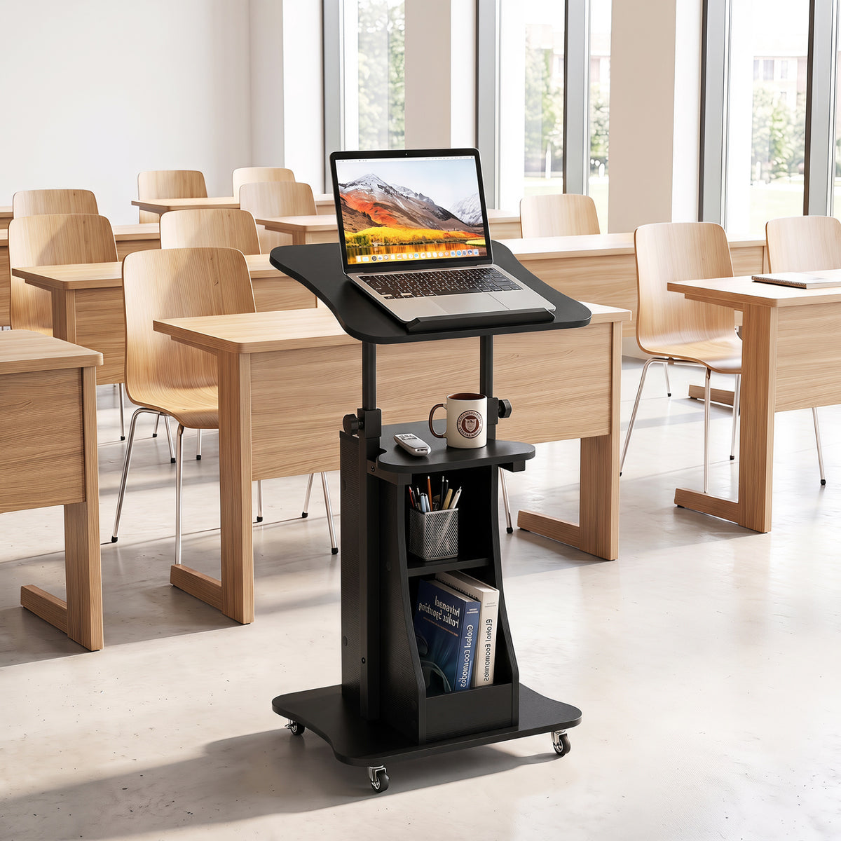 Height Adjustable Mobile Laptop Cart with Tilting Desktop, Black - Open
