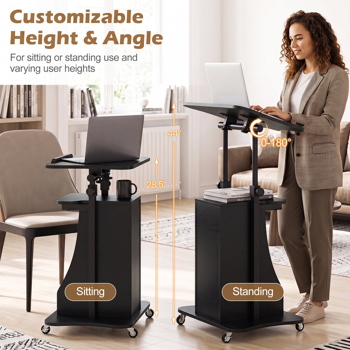 Height Adjustable Mobile Laptop Cart with Tilting Desktop, Black - Open