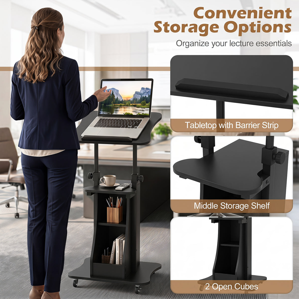 Height Adjustable Mobile Laptop Cart with Tilting Desktop, Black - Open
