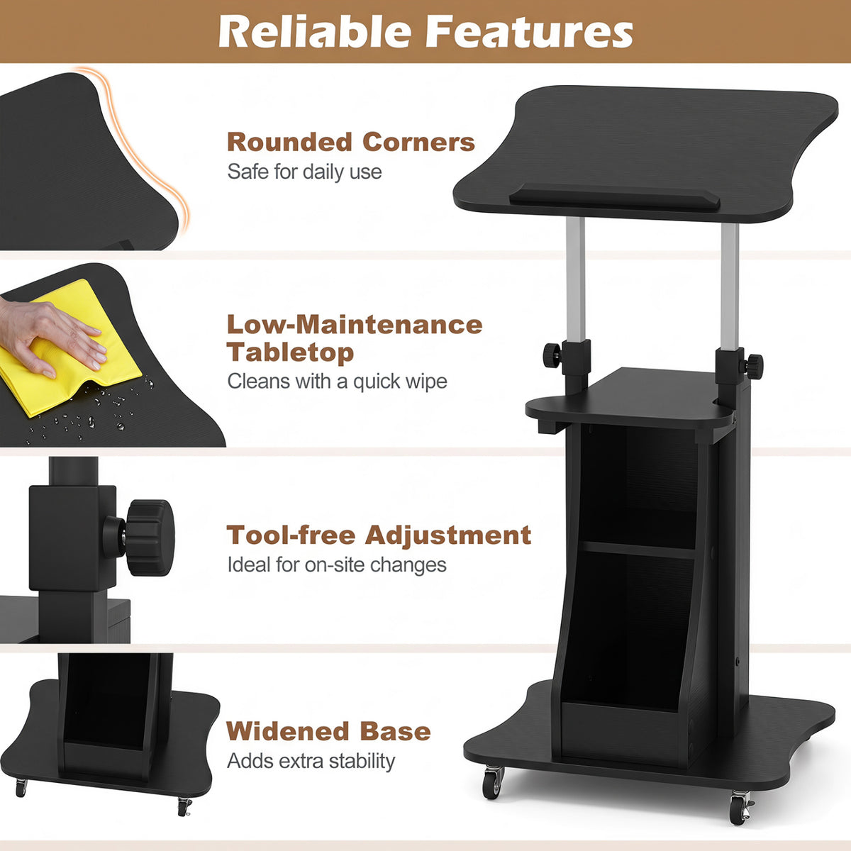 Height Adjustable Mobile Laptop Cart with Tilting Desktop, Black - Open