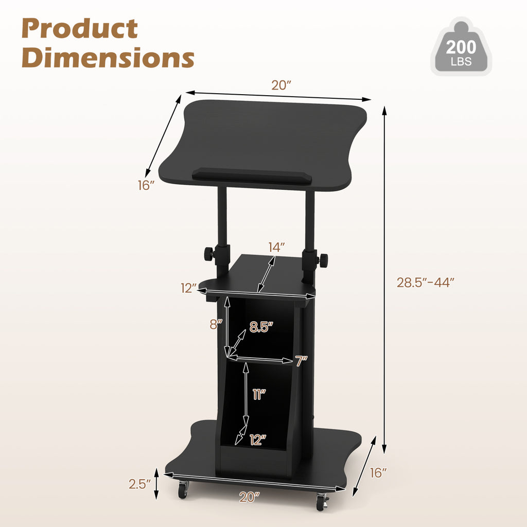 Height Adjustable Mobile Laptop Cart with Tilting Desktop, Black - Open
