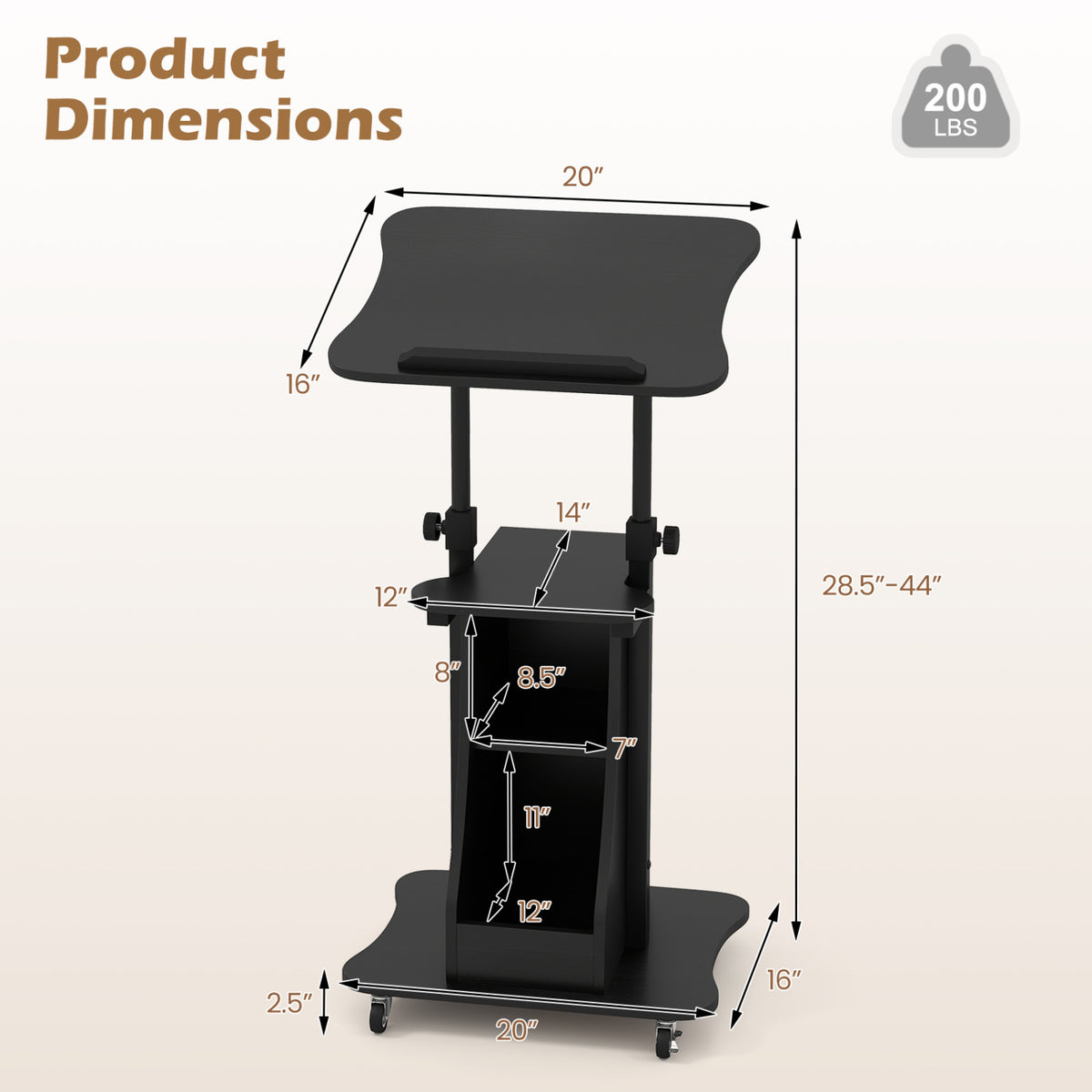 Height Adjustable Mobile Laptop Cart with Tilting Desktop, Black - Open