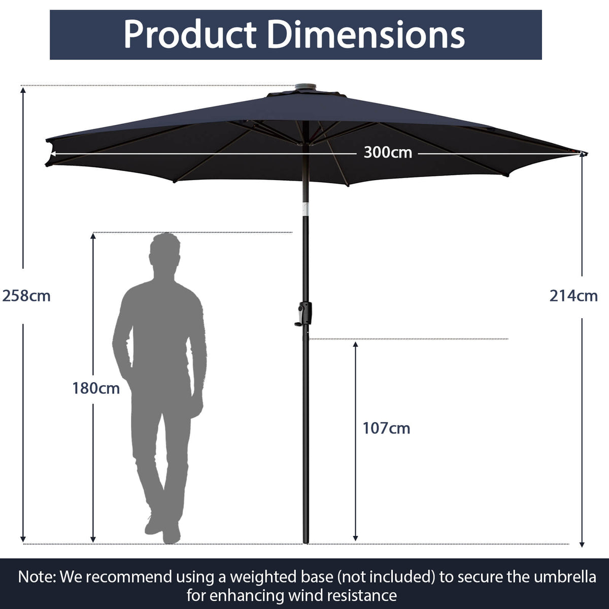 10 FT Patio Umbrella with 112 Solar LED Lights, Navy