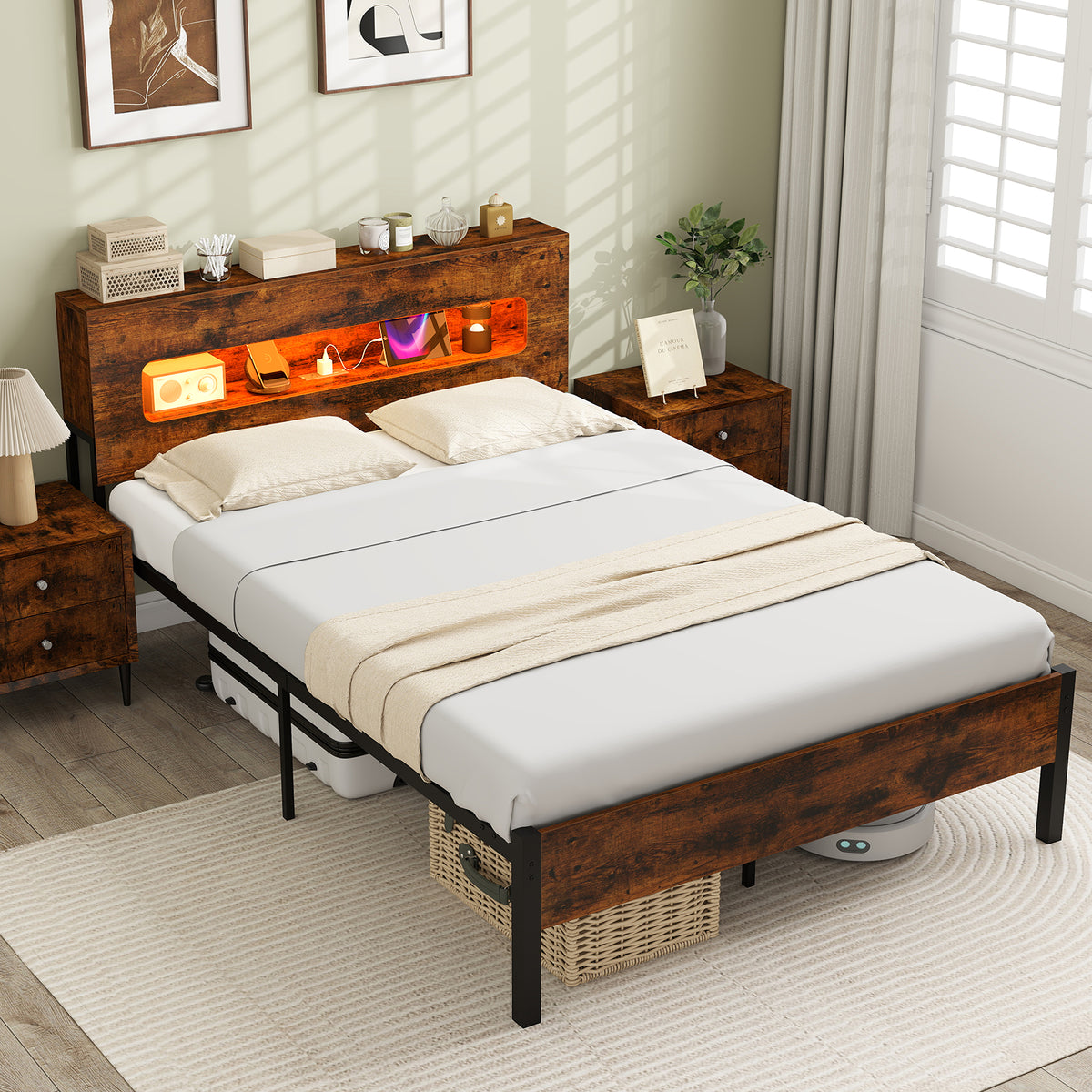 Full Size Slatted Bed Frame with LED Lights & Storage Headboard