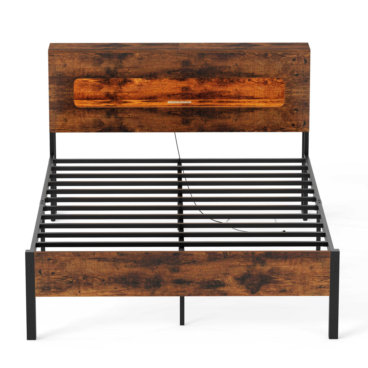 Full Size Slatted Bed Frame with LED Lights & Storage Headboard