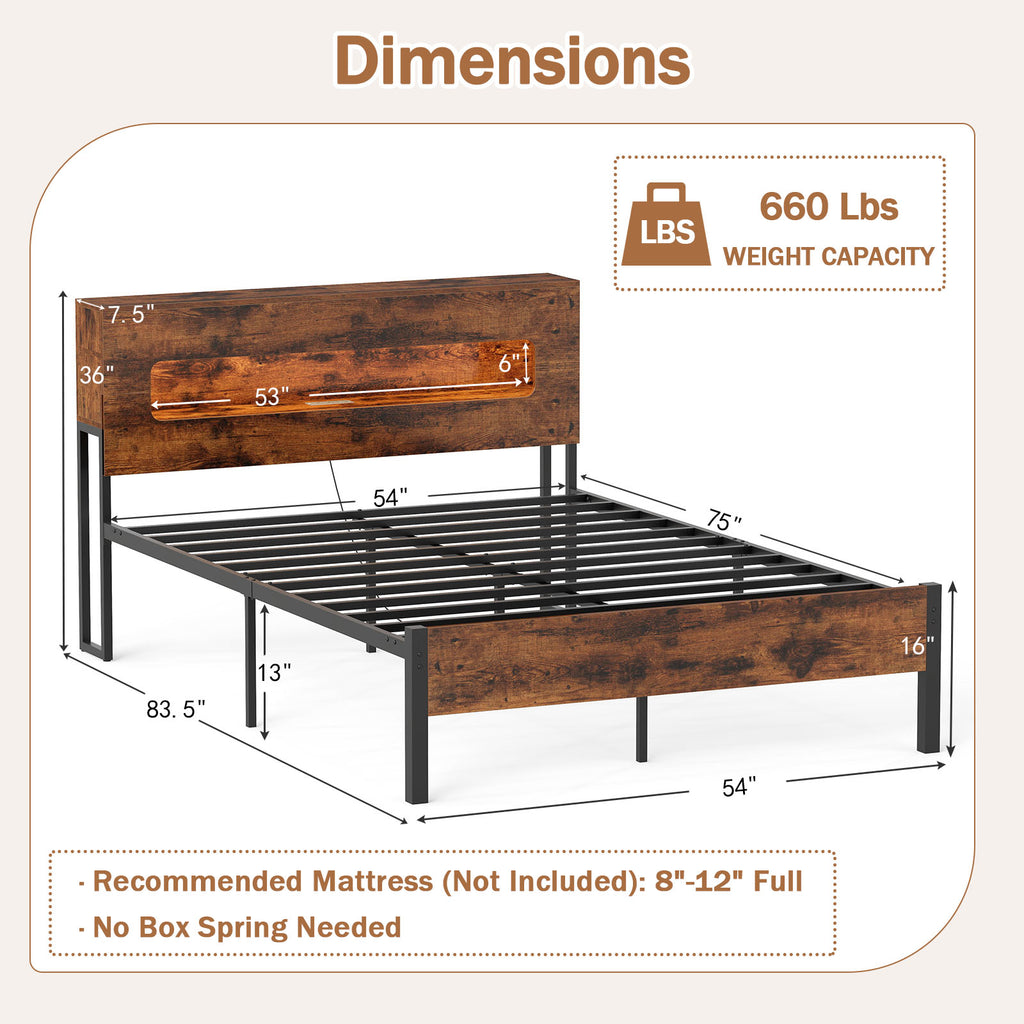 Full Size Slatted Bed Frame with LED Lights & Storage Headboard