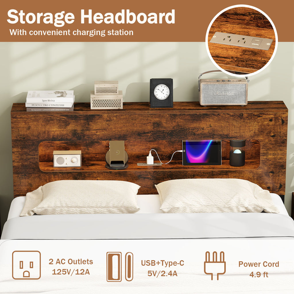 Full Size Slatted Bed Frame with LED Lights & Storage Headboard