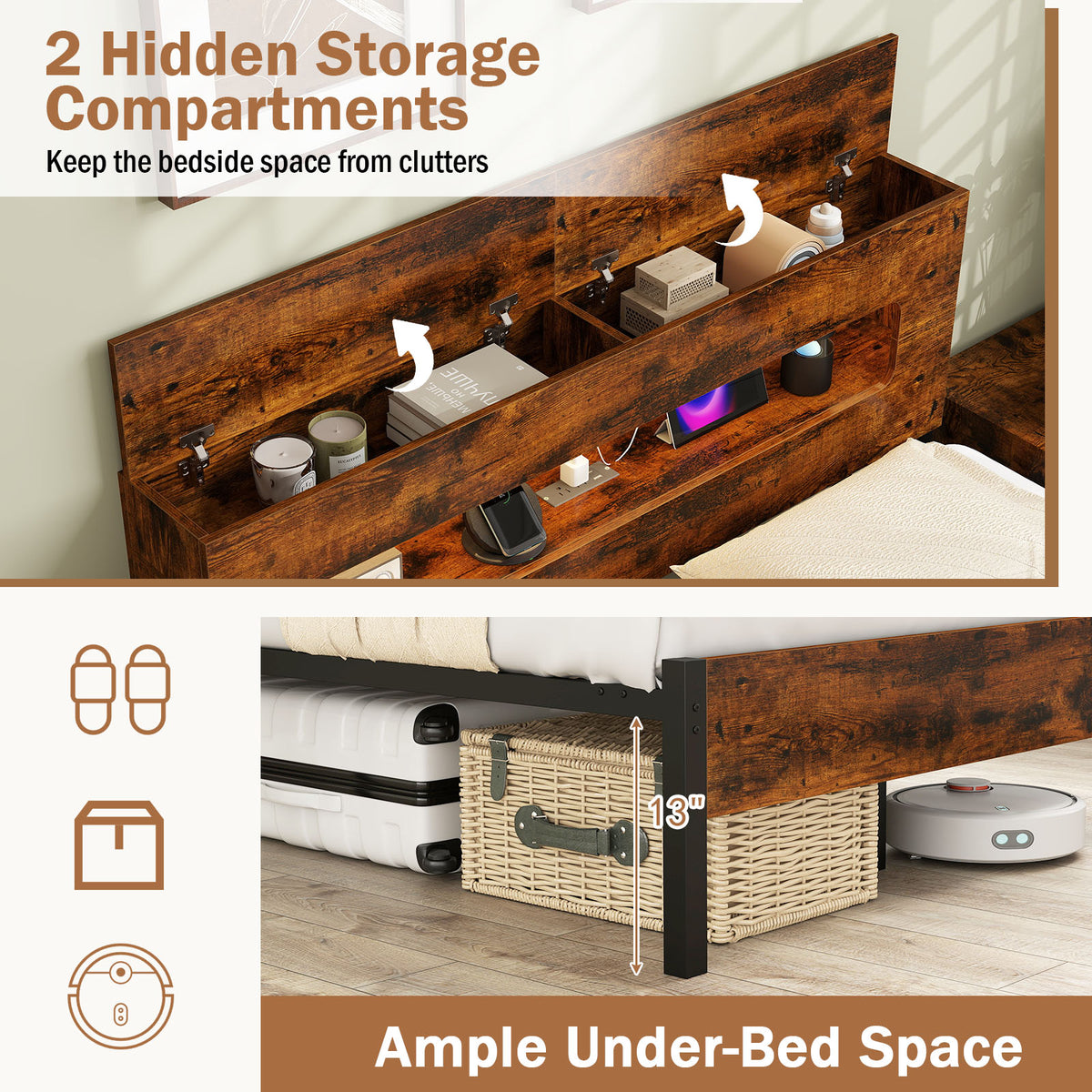 Full Size Slatted Bed Frame with LED Lights & Storage Headboard