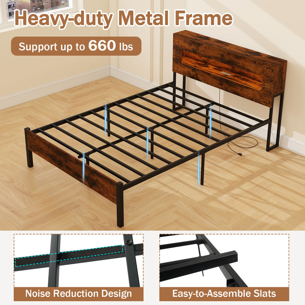Full Size Slatted Bed Frame with LED Lights & Storage Headboard