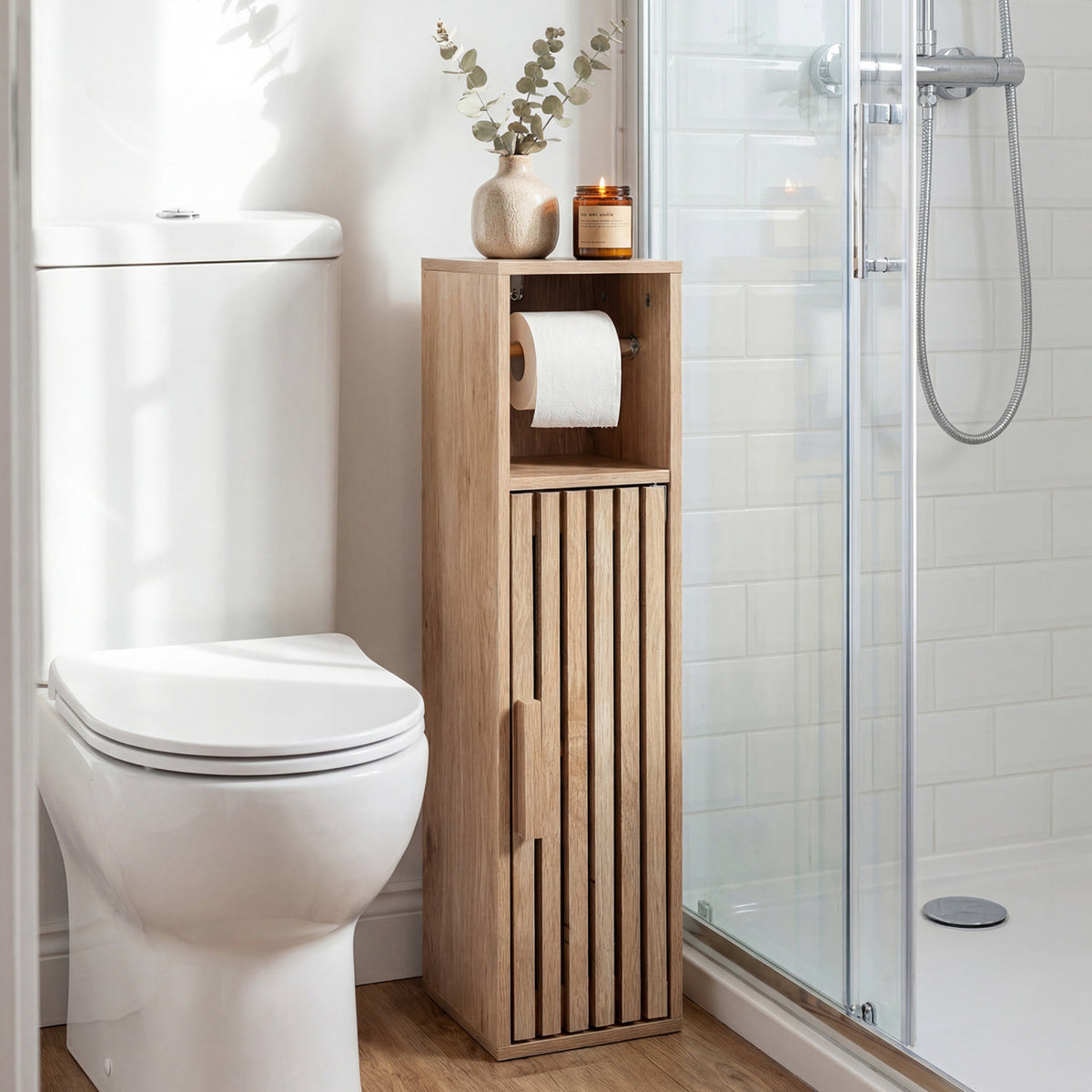 Slim Bathroom Cabinet with Toilet Paper Holder, Natural
