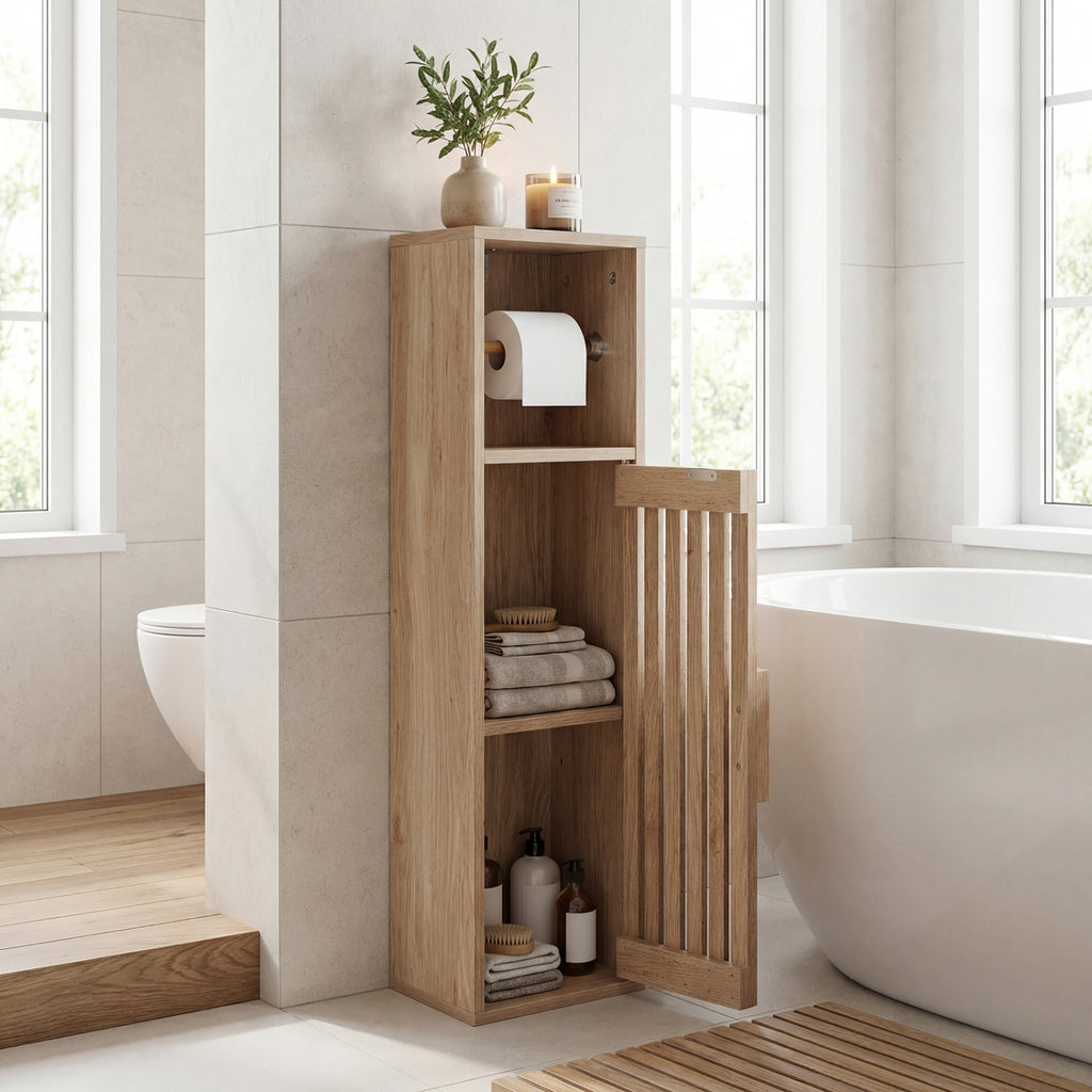 Slim Bathroom Cabinet with Toilet Paper Holder, Natural