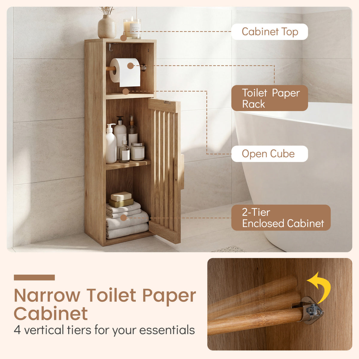 Slim Bathroom Cabinet with Toilet Paper Holder, Natural