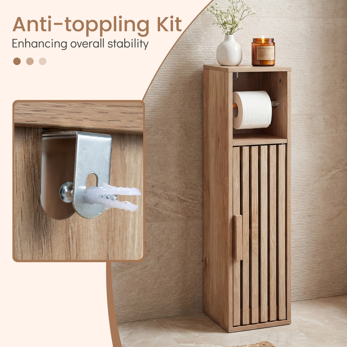 Slim Bathroom Cabinet with Toilet Paper Holder, Natural