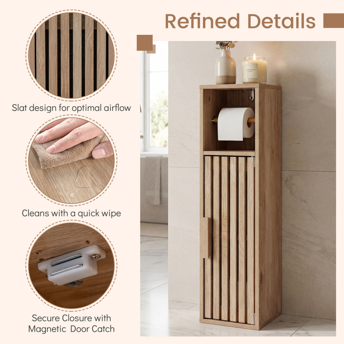 Slim Bathroom Cabinet with Toilet Paper Holder, Natural