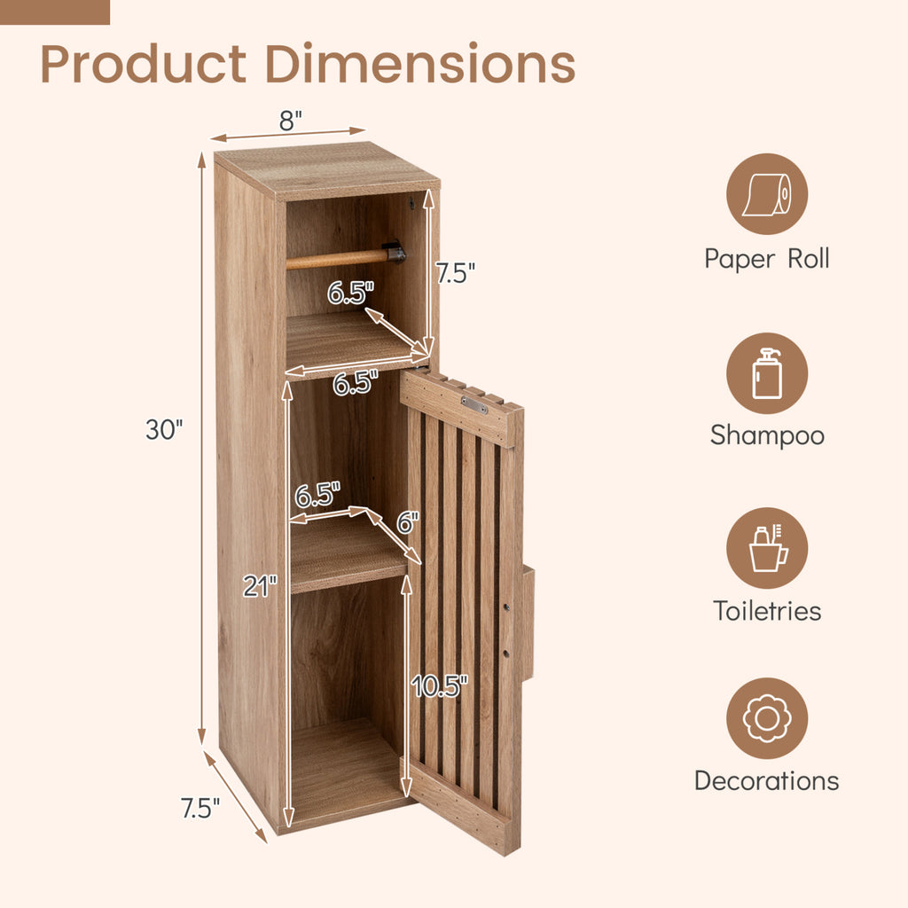 Slim Bathroom Cabinet with Toilet Paper Holder, Natural