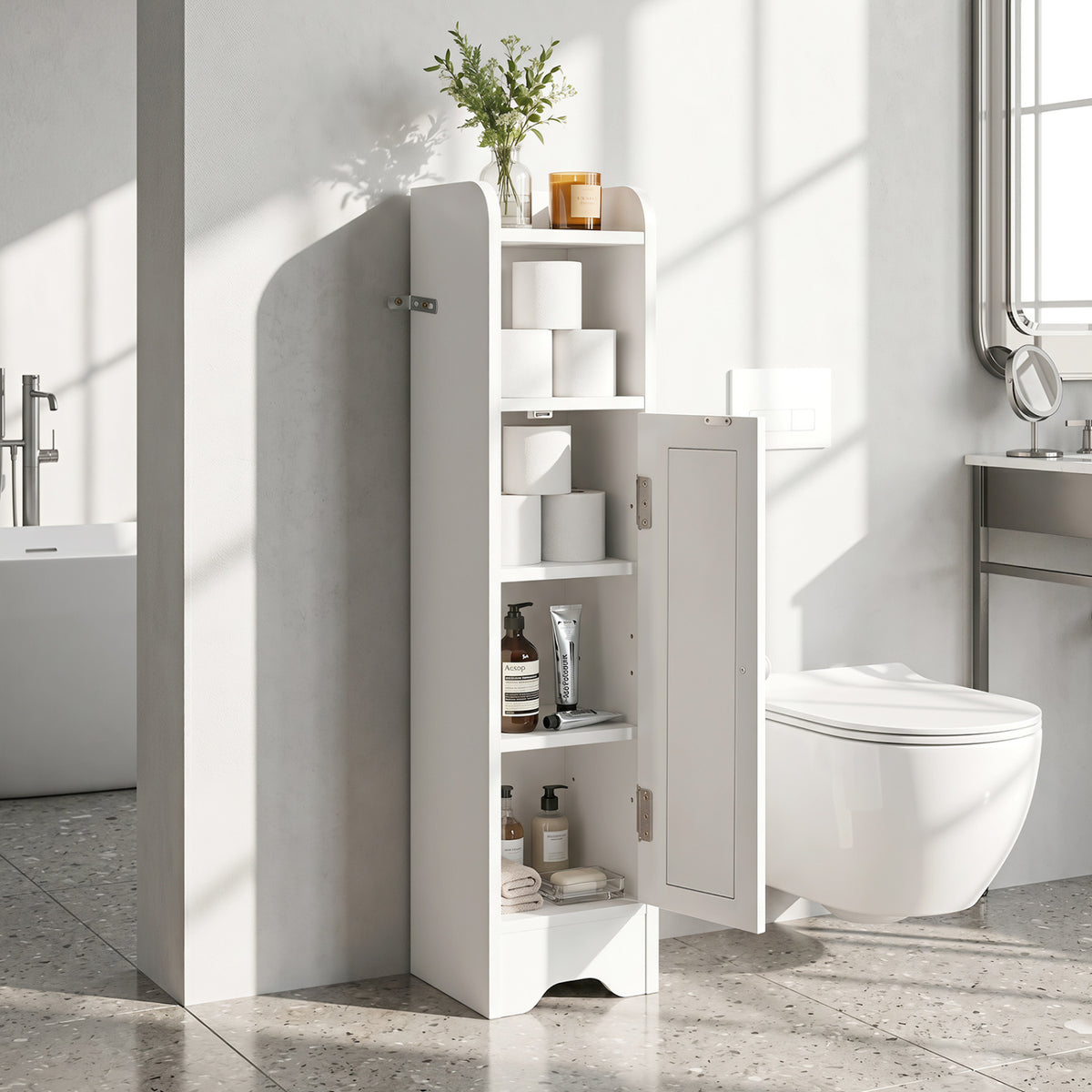 Slim Bathroom Cabinet Corner with 1 Door and Adjustable Shelves