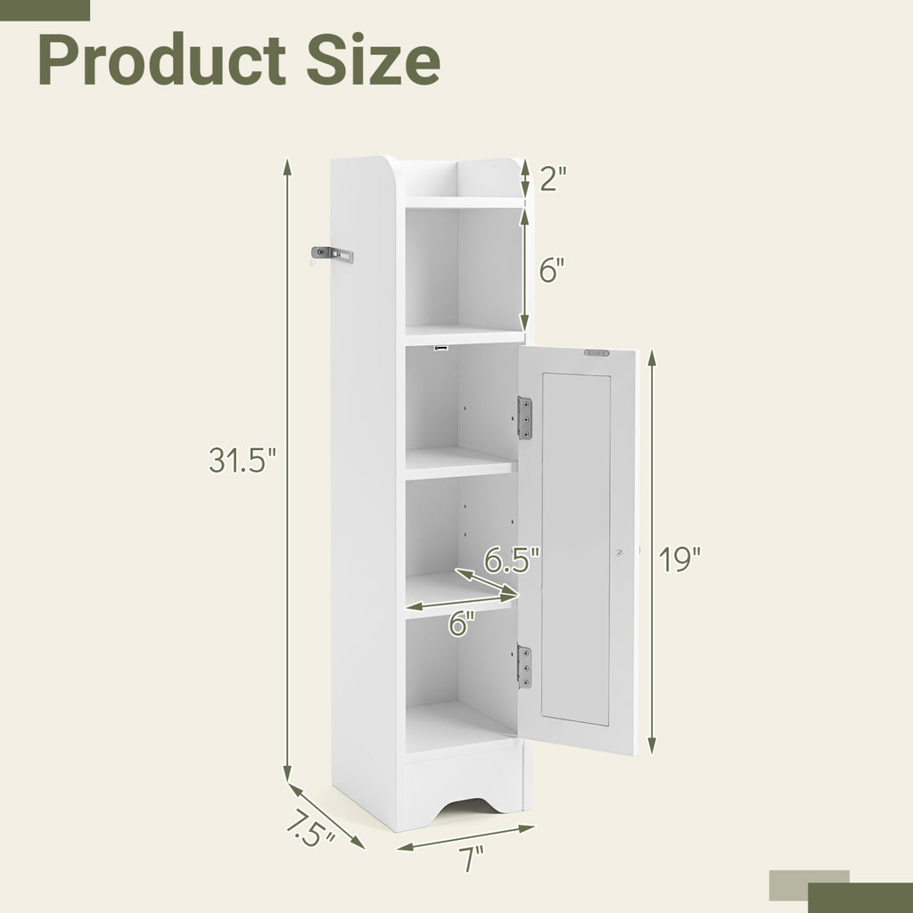 Slim Bathroom Cabinet Corner with 1 Door and Adjustable Shelves
