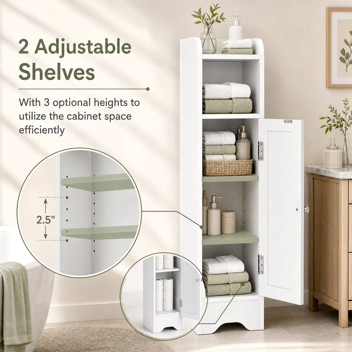 Slim Bathroom Cabinet Corner with 1 Door and Adjustable Shelves